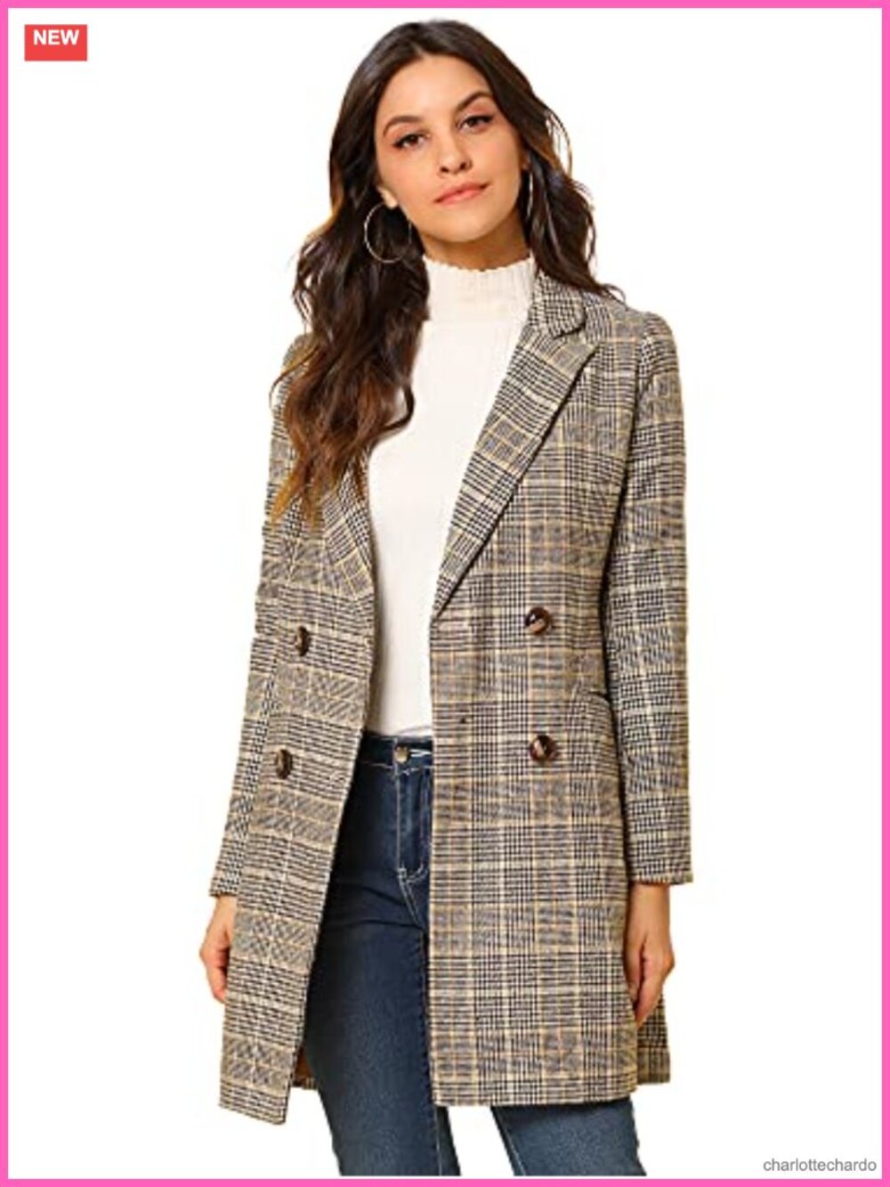 Plaid Trench Blazer Coat Double Breasted Notched Lapel Women's
